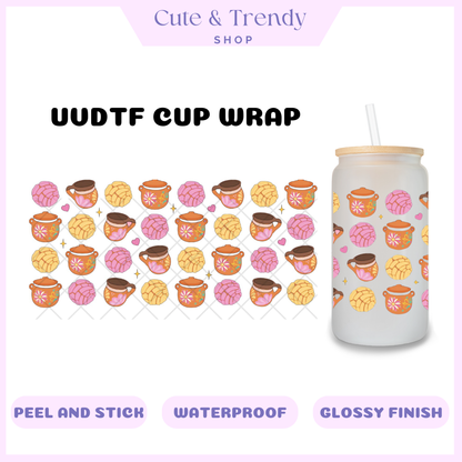 UVDTF concha y café cup wrap, permanent, waterproof, easy to apply