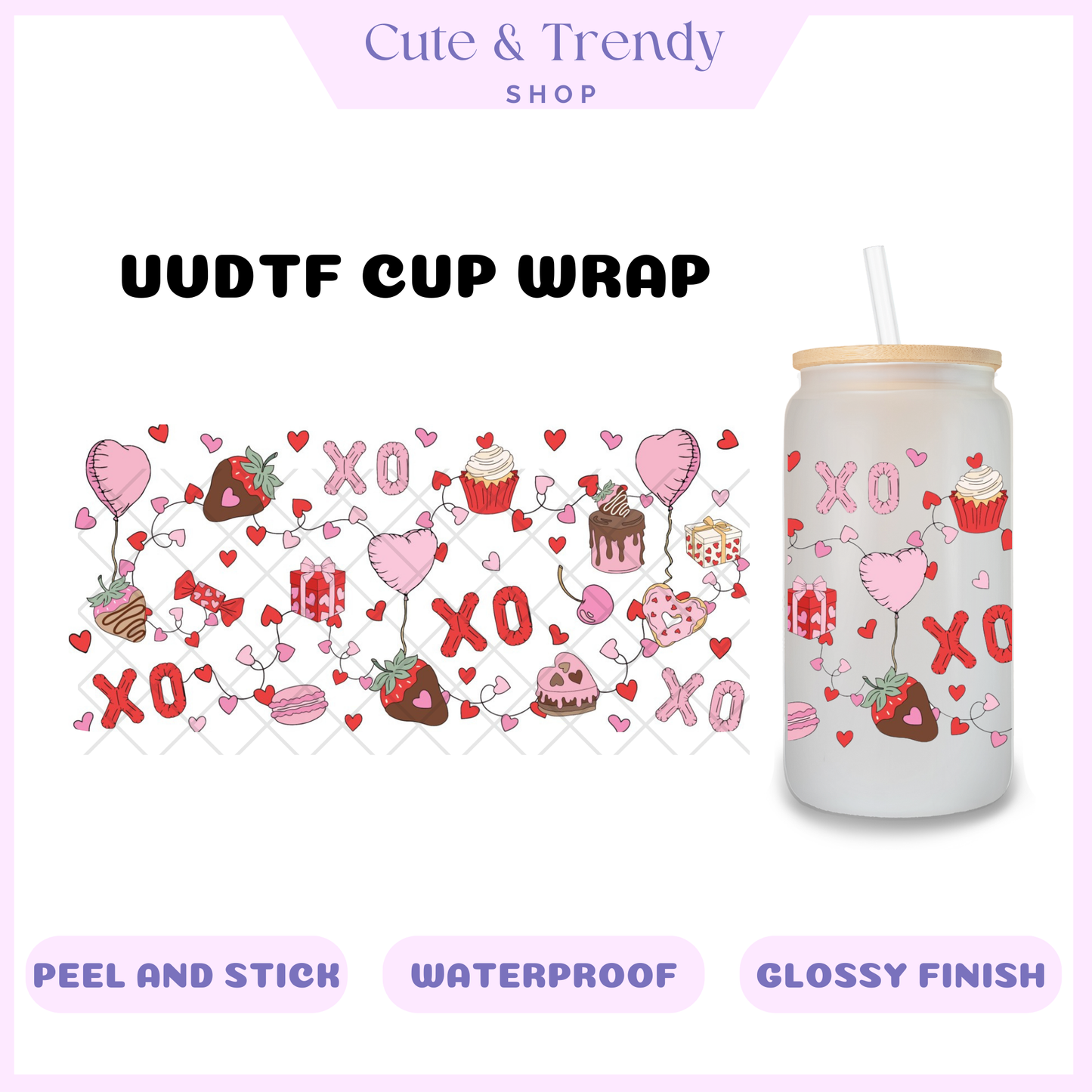 UVDTF strawberry xo cup wrap, permanent, waterproof, easy to apply