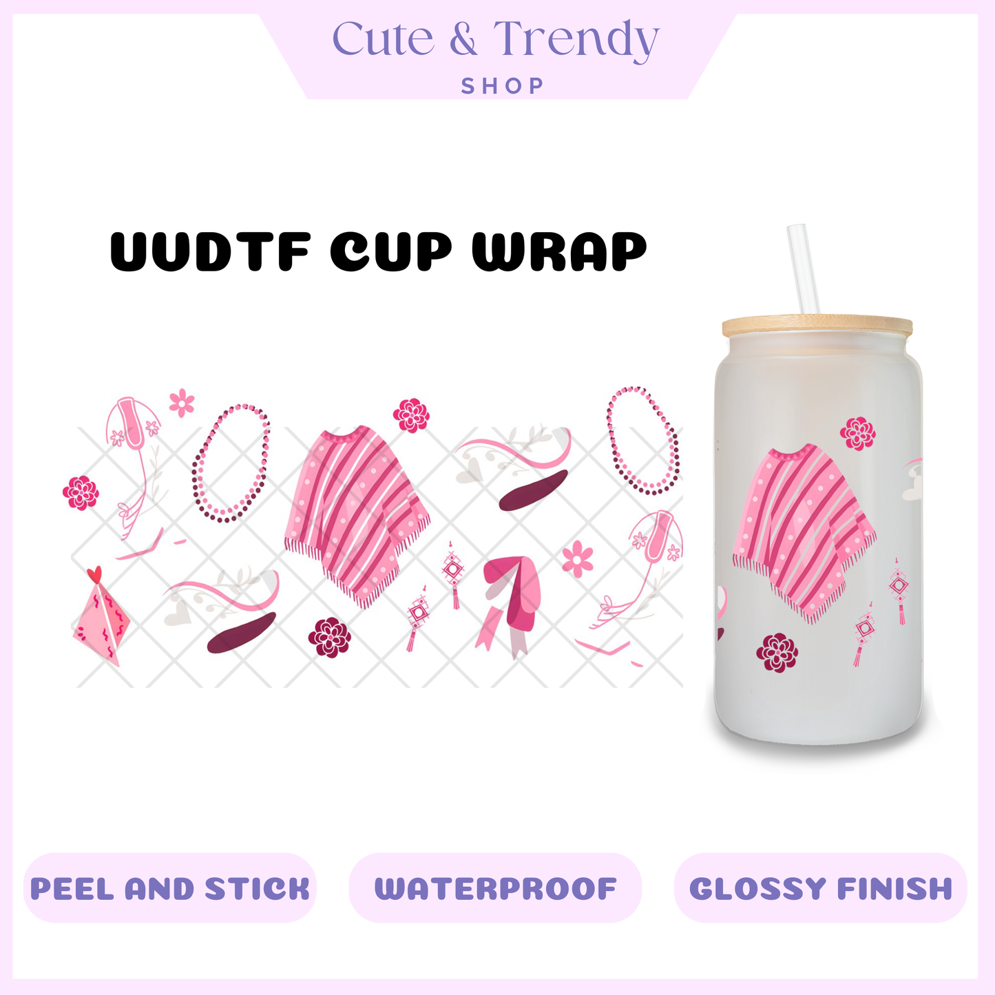 UVDTF pink western DIY Wrap to personalized cups, permanent, waterproof, easy to apply