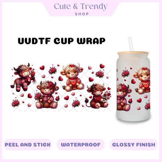 UVDTF cute highland cows valentines hearts loves cup wrap, permanent, waterproof, easy to apply DIY