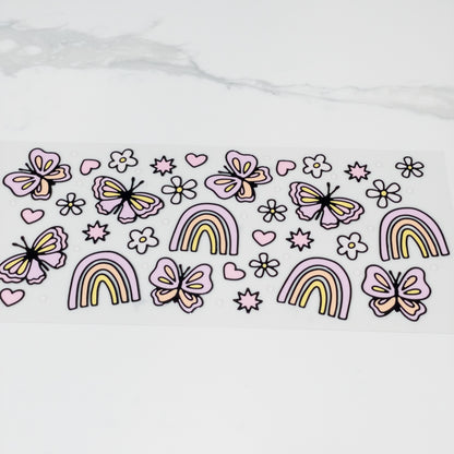 UVDTF butterfly rainbow floral cup wrap, permanent, waterproof, easy to apply