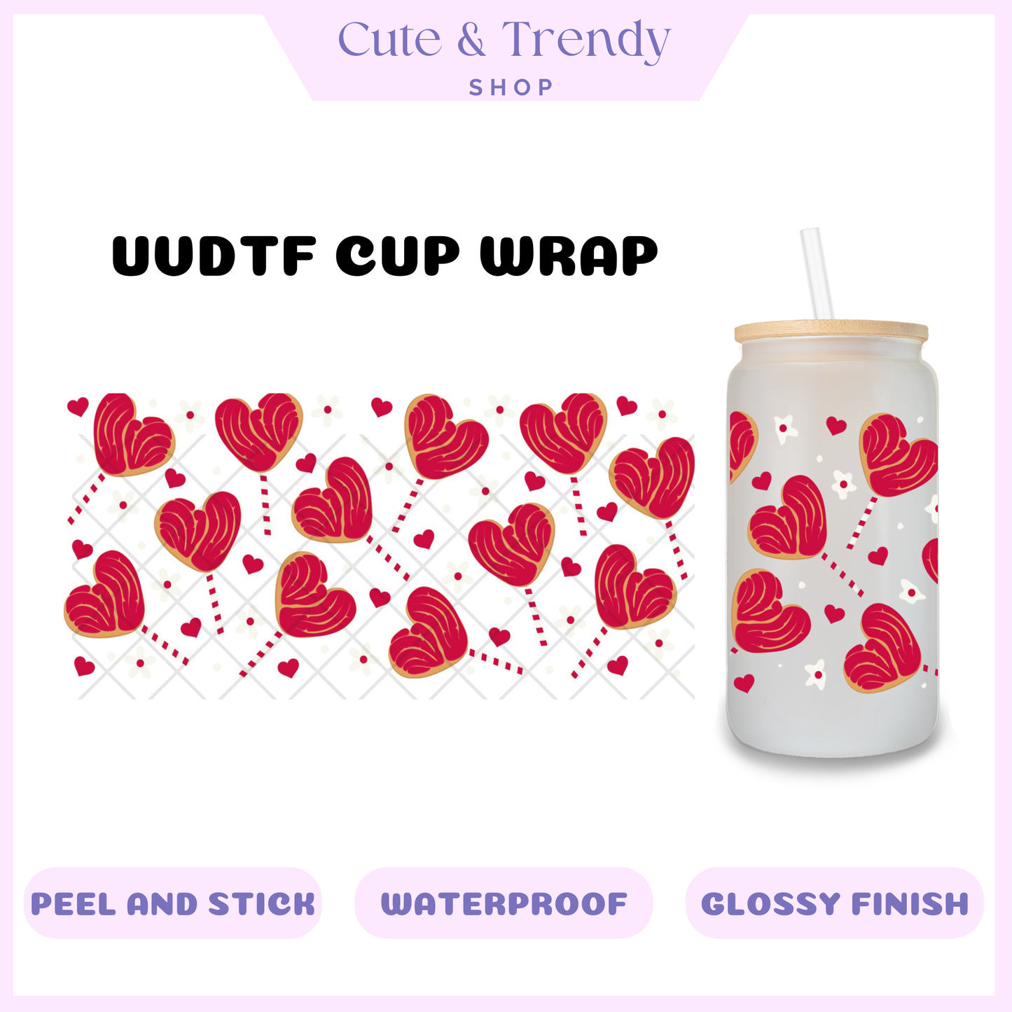 UVDTF valentine red lollipop cup wrap, permanent, waterproof, easy to apply