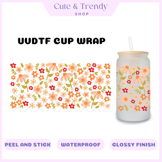 Uvdtf orange cream floral wrap  to personalize cups, permanent, waterproof, easy to apply