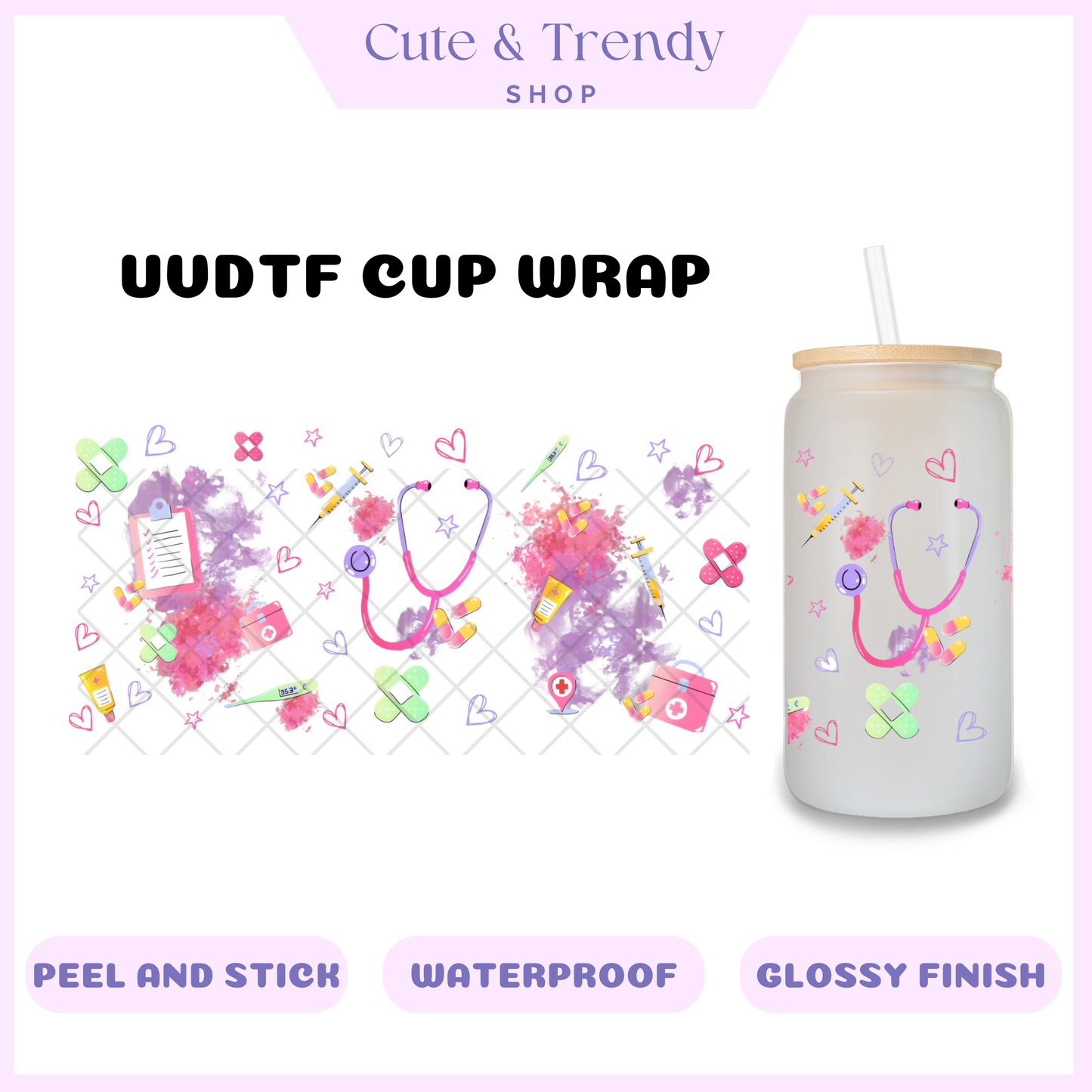 UVDTF floral stethoscope healthcare nurse doctor cup wrap, permanent, waterproof, easy to apply, double side