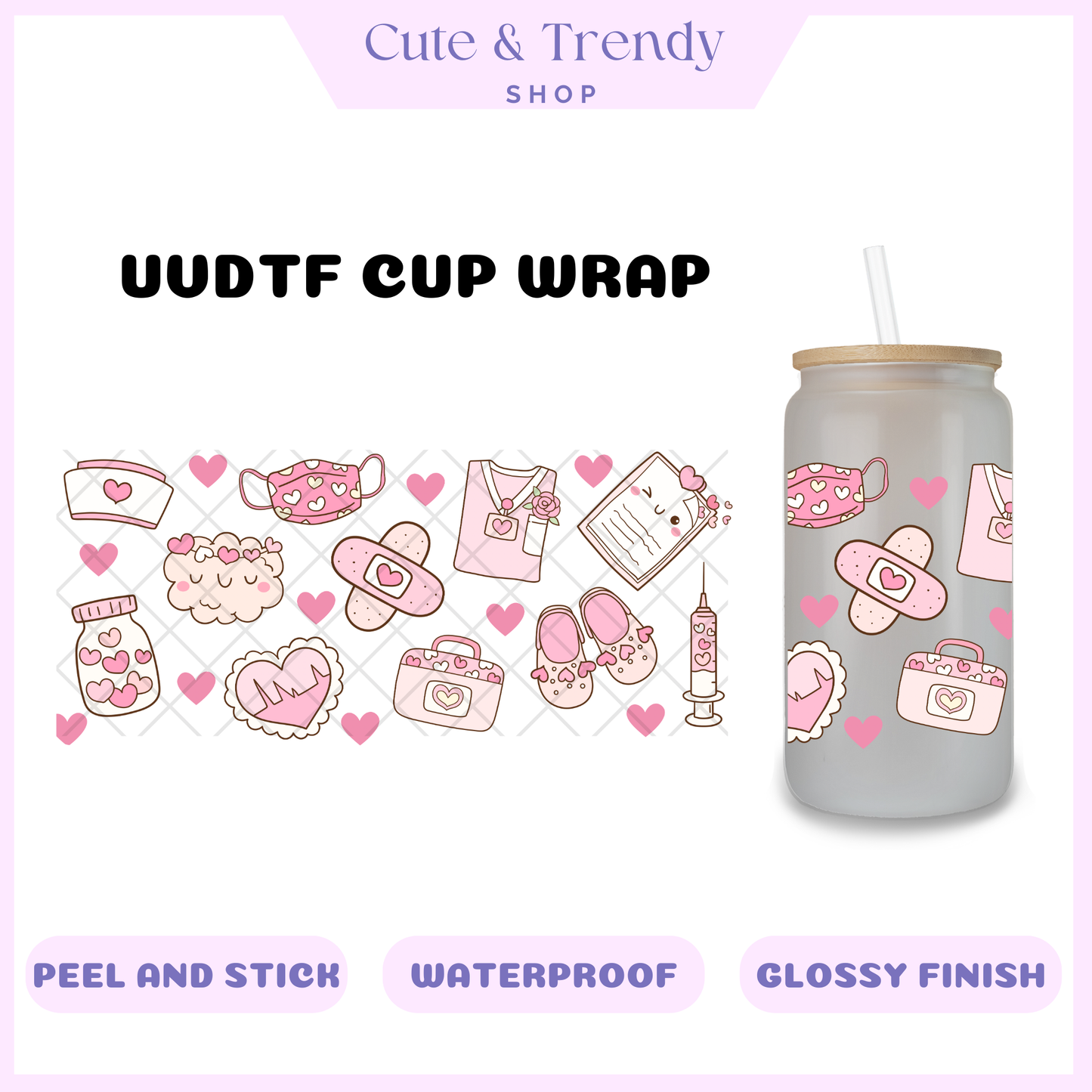 Nurse health  UVDTF pink valentines doctor cup wrap, permanent, waterproof, easy to apply