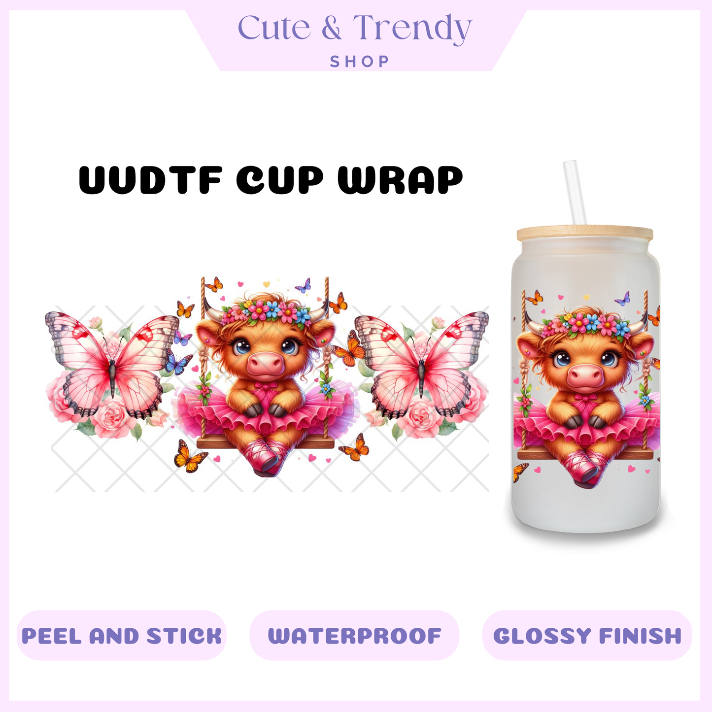 Uvdtf pink highland swing wrap  to personalize cups, permanent, waterproof, easy to apply