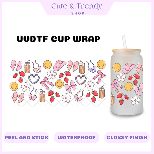 UVDTF coquette soft girl strawberry DIY Wrap to personalized cups, permanent, waterproof, easy to apply