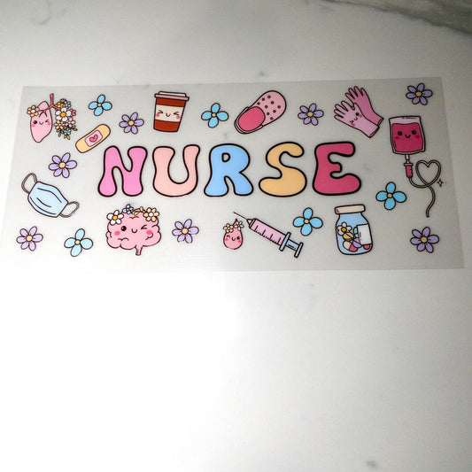 Nurse FLORAL Cute doodles UVDTF wraps for 16oz cups