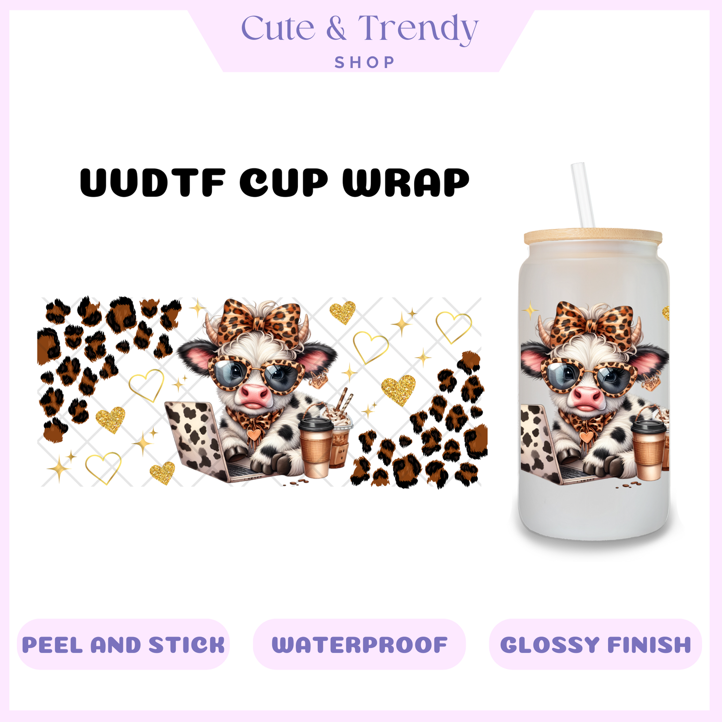 HIghland Cow CHEETAH GOLD permanent uvdtf cup wraps for 16oz cups