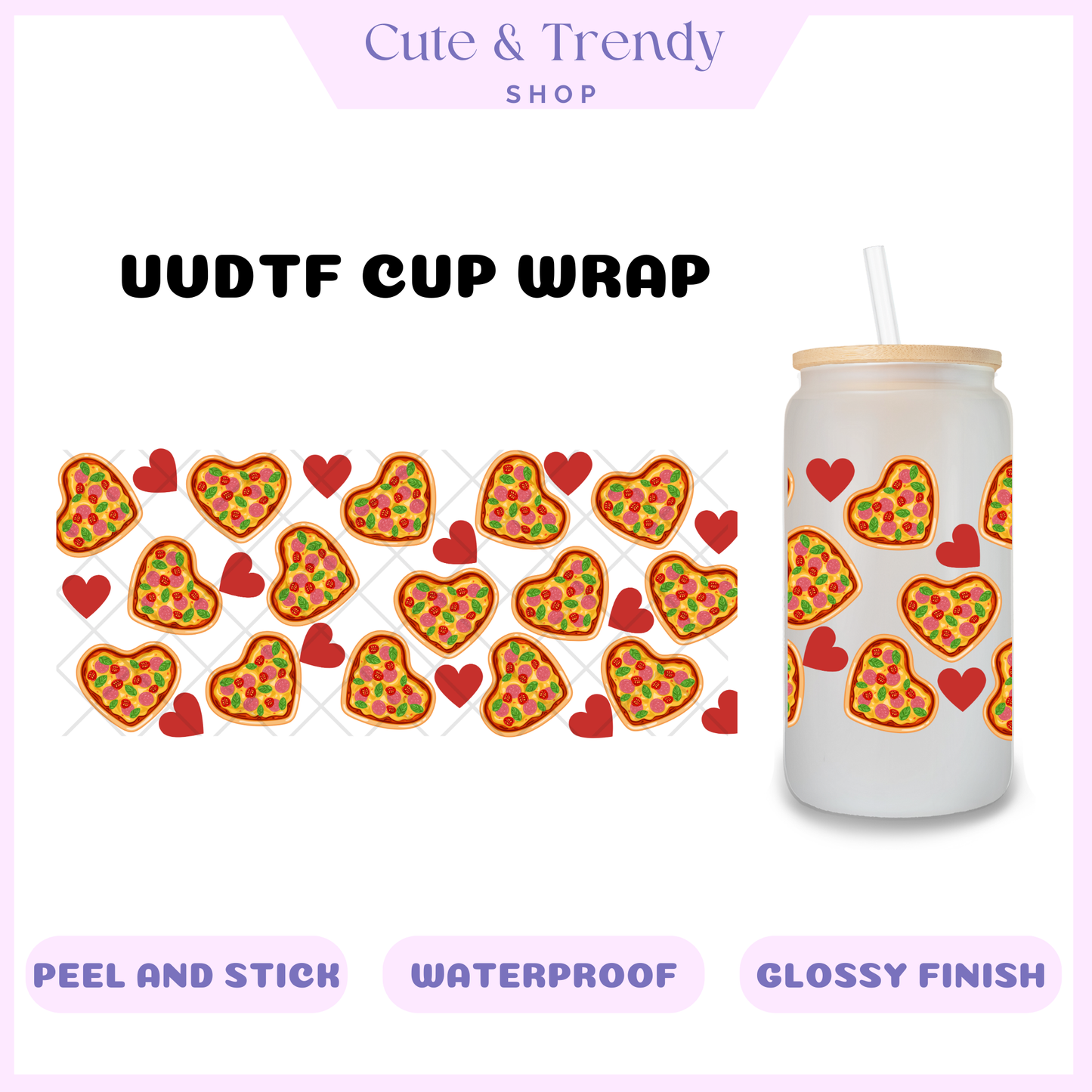 UVDTF Pizza Heart DIY Wrap to personalized cups, permanent, waterproof, easy to apply