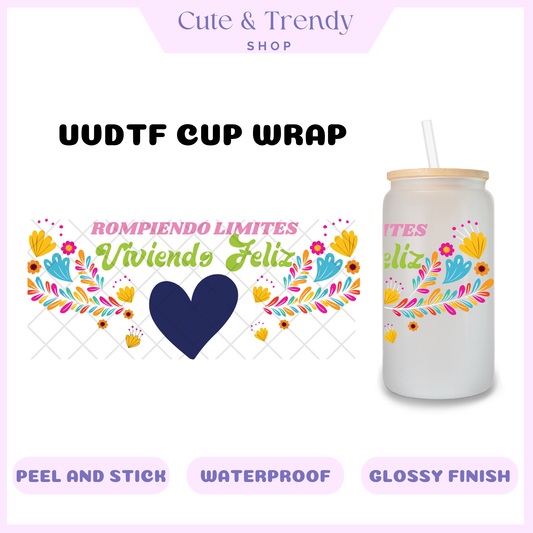 UVDTF spanish quotes, vive feliz , cup wrap, DIY, sticker, permanent