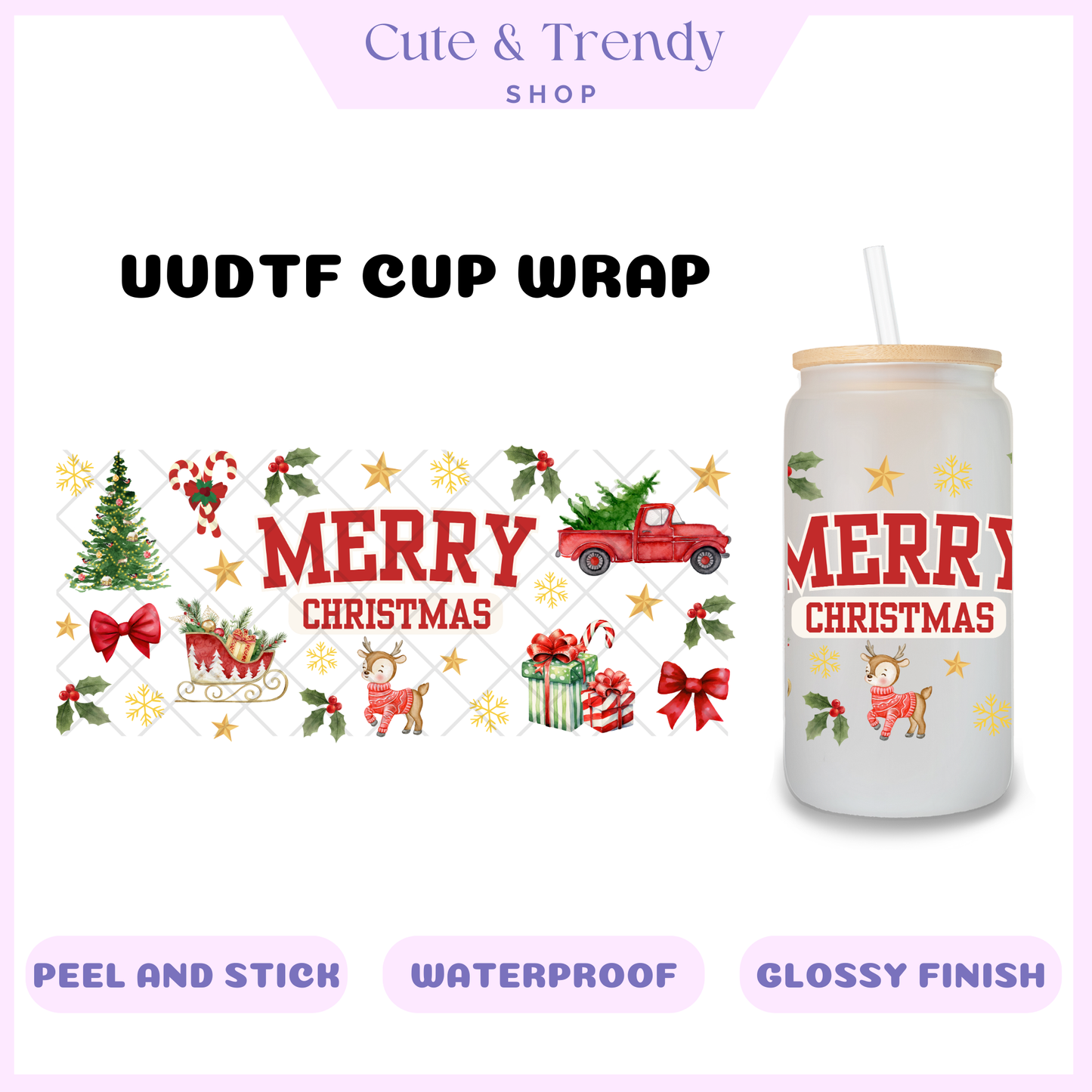 MERRY CHRISTMAS RED TRUCK UVDTF 16 OZ CUP WRAP