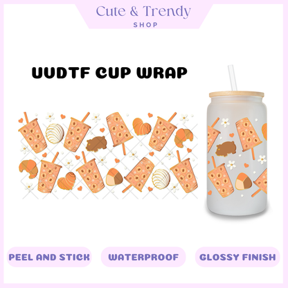 UVDTF iced coffee and pan dulce cup wrap, permanent, waterproof, easy to apply