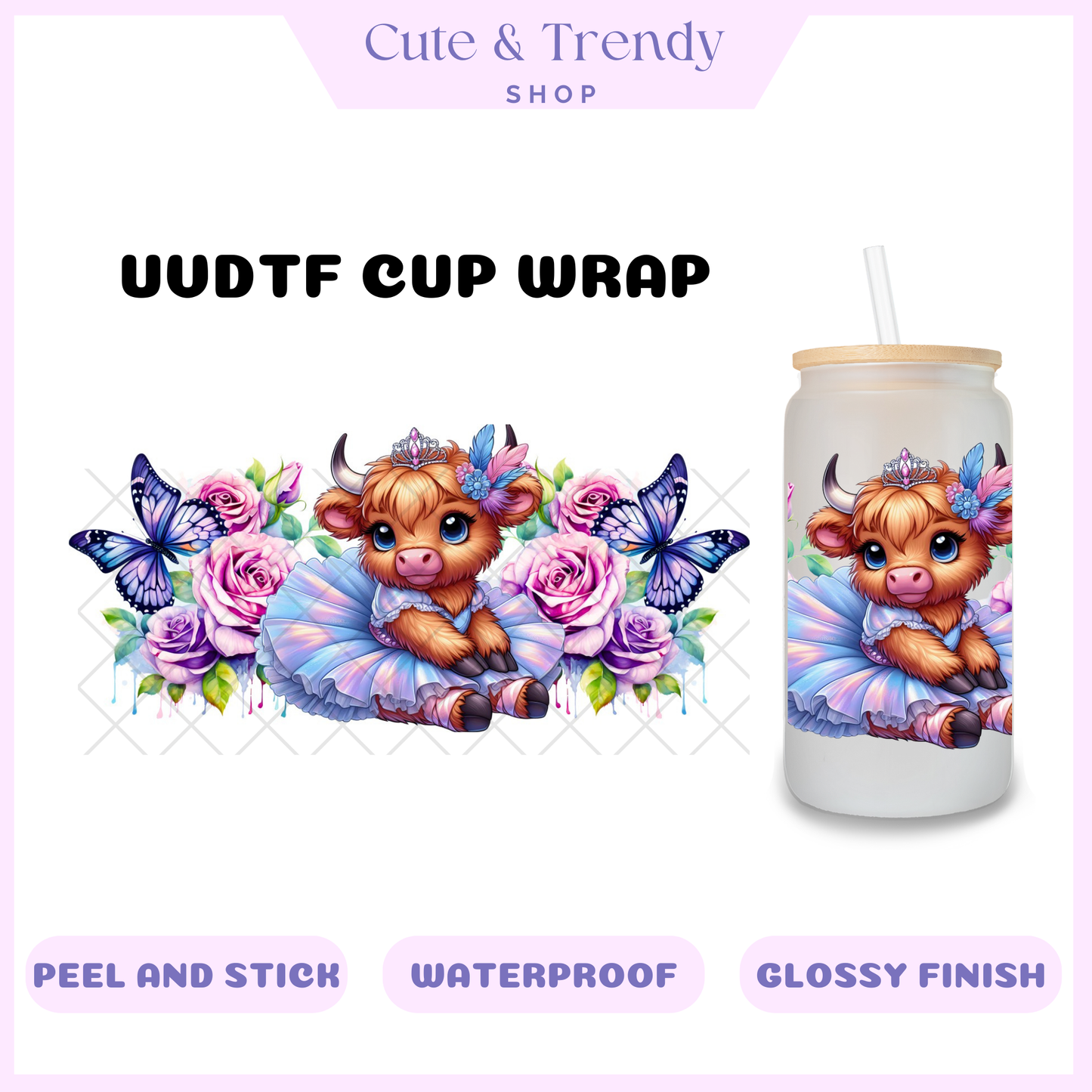 UVDTF purple and pink highland cow cup wrap, permanent, waterproof, easy to apply